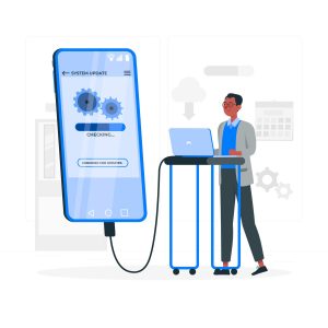 Vector illustration showing a person with a computer connected to their phone, the phone displaying OS upgrade