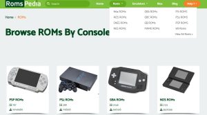 screenshot of the roms menu from romspedia